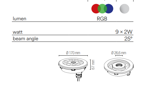 Corp încastrat pentru fântâni, IP68, din oțel inoxidabil 316, argintiu, LED RGB full color integrat 9x2W